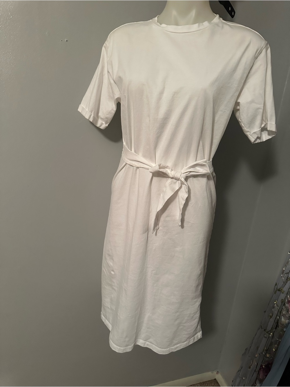 Aware White Tie-Waist Midi T-Shirt Dress size Medium